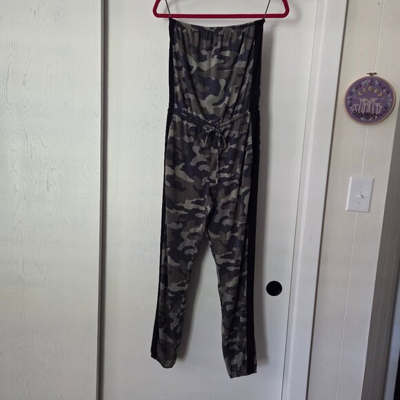 Express Size S Strapless Green Camouflage Pant Jumpsuit Pockets Camo Sleeveless - Picture 1 of 6